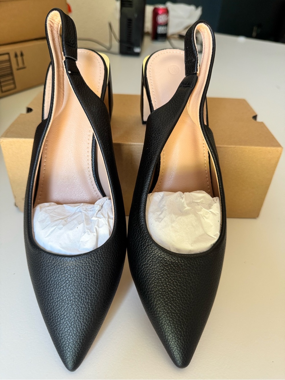 Slingback Pointed-Toe Heels in Black